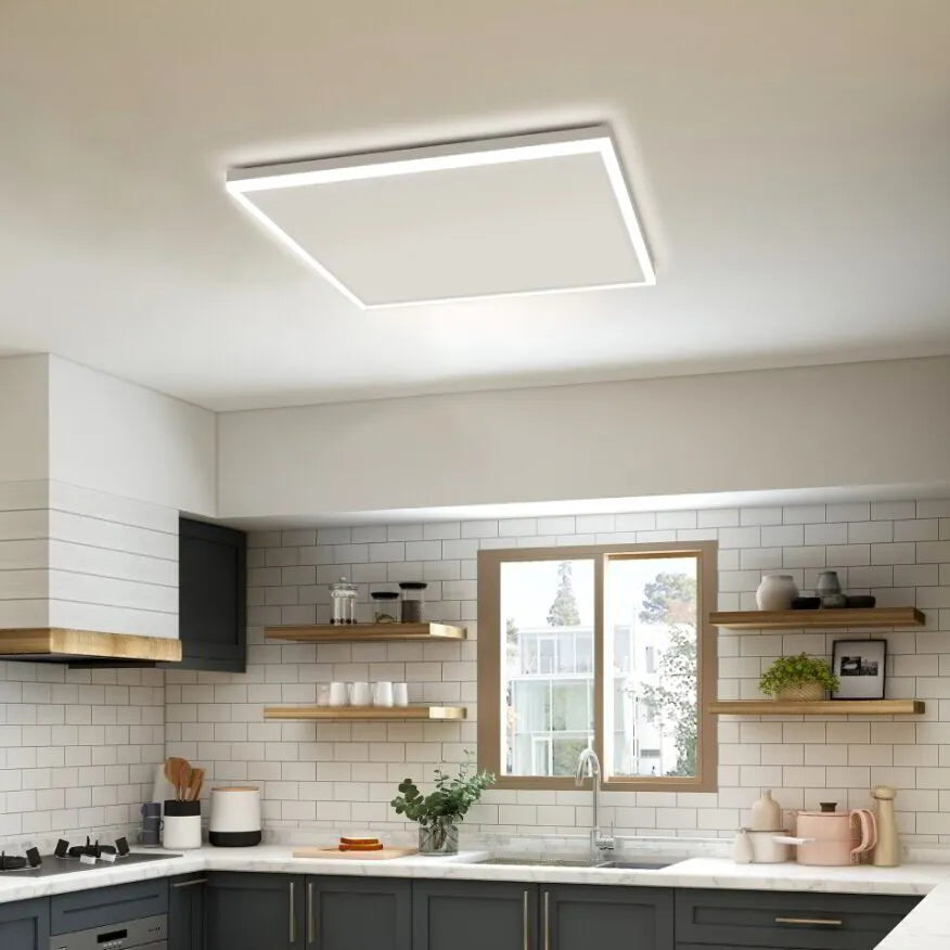 An infrared panel with integrated LED lighting, mounted on a wall, combines efficient heating with atmospheric lighting.