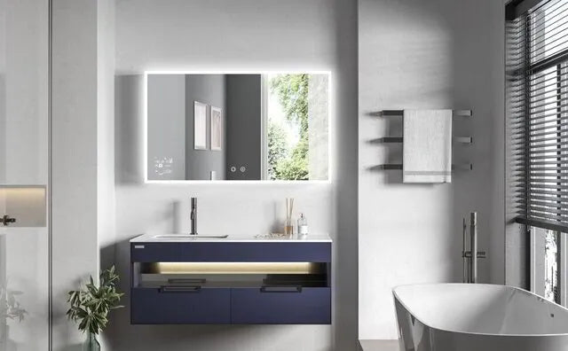 A mirror-style infrared panel mounted on a wall provides both heating and a stylish mirror solution for any room.